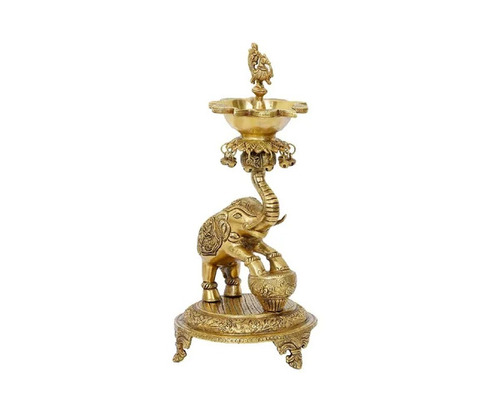 Brass Peacock Diya Stand - 5 Wicks Golden Finish | Durable Scratch Resistant Polished Indian Design
