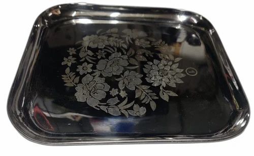 Polished Stainless Steel Serving Plate - 10 Inch Square, Silver Floral Pattern | Long Lasting, Mirror Polish Finish, Home Usage
