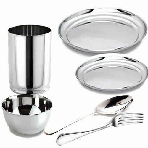 Stainless Steel Dinner Set - 6 Pieces Including Glass, Plates, Bowl, Fork and Spoon | Long Lasting, Chrome Finish, Silver Color