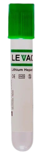 Levac Vacuum Lithium Heparin Tube - PET Material, 12.4x75 mm Size, Green Cap Color, 2 ml Capacity | New Condition, Manual Use, Hospital Equipment Type