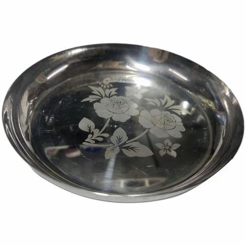8 Inch Stainless Steel Dinner Plate - Round Shape Printed Pattern | Silver Color Long-Lasting Mirror Polish Finish Ideal for Home Use