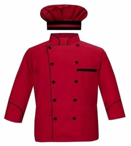 Chef Coat With Cap - Cotton, Large Size, Red Color | Long Sleeve, Regular Fit, Plain Button, Personalized Collar, One Pocket