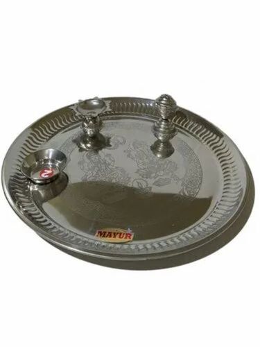 Polished Stainless Steel Pooja Thali Set - Round Shape, 4 Piece Printed Design | Durable, Easy to Clean, Modern Arts Style