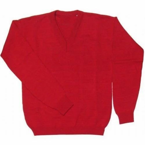 Red Woolen School Sweater - Small, Medium, Large, XL | Regular Fit, V Neck, Long Sleeve, Breathable, Customizable Design, Good Quality, Washable