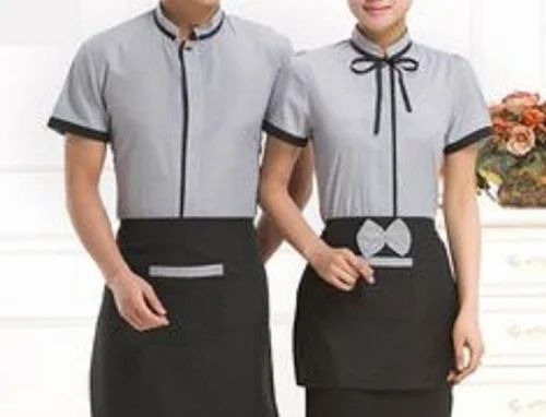 Service Cafe Uniform - Polyester Material Size L Black Color | Unisex Fit Medium Sleeve Style 1 Pocket Customized Collar Plain Pattern