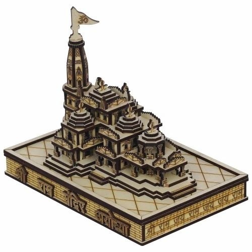 Shri Ram Mandir Ayodhya Model - Wooden, Brown | Moisture Proof, Water Resistant, Indian Style, Modern Arts, Engraved Design