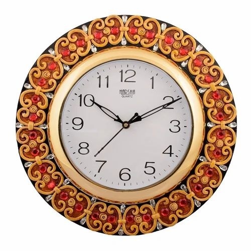 Wooden Papier Mache Dazzling Handcrafted Wall Clock - Wood Material, Round Shape, Quartz Type | Ideal for Gifting, Wall Mounted Design, Colorful Aesthetic