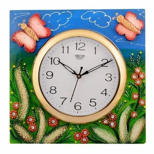 Wooden Papier Mache Floral Artistic Handcrafted Wall Clock - Wood Material, Square Shape, Multiple Colors, Quartz Type | Box Packaging, Wall Mounted Design