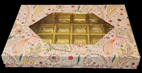 24 Cavity Chocolate Box With Window - Thick Cardboard Material, Rectangular Shape, Golden Color | Non-Customized Design Always in Focus