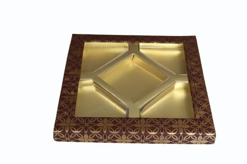 5 Partition Dryfruit Box - Cardboard, 500 Gms Capacity, Square Shape, Handicraft Design with Wooden Frame