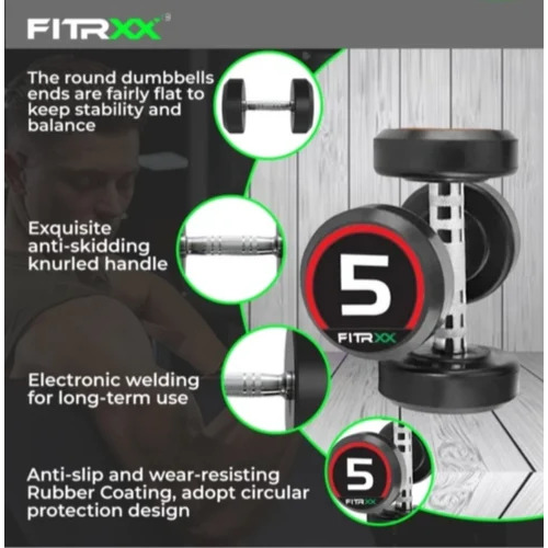 Fitrxx Bouncer Dumbbells - Rubber Material, 2.5-50 kg Weight Range, Round Head Shape, Black Color | Strength Gain, Arm Exercise, Manual Operation, Commercial Gym Equipment