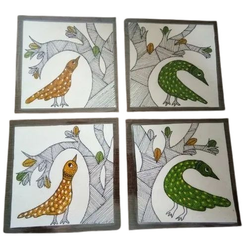 Bhil Art Tea Coaster - Acrylic, Square 3.50x3.50, 4x4, 5x5 Inch | Coated Finish, Six Piece Set with Stand