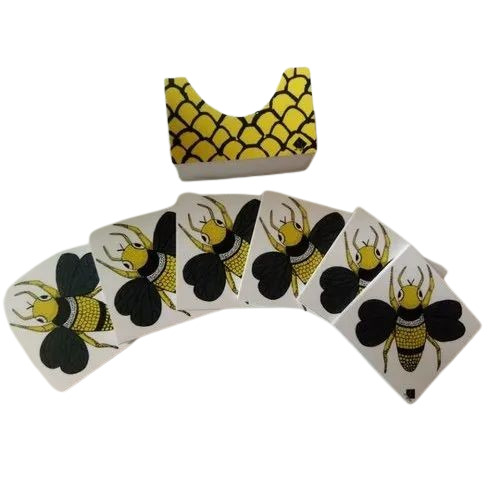 Tea Coaster Set - Coated Acrylic Sizes 3.5x3.5 4x4 5x5 Inches | Six Piece Printed Design with Stand