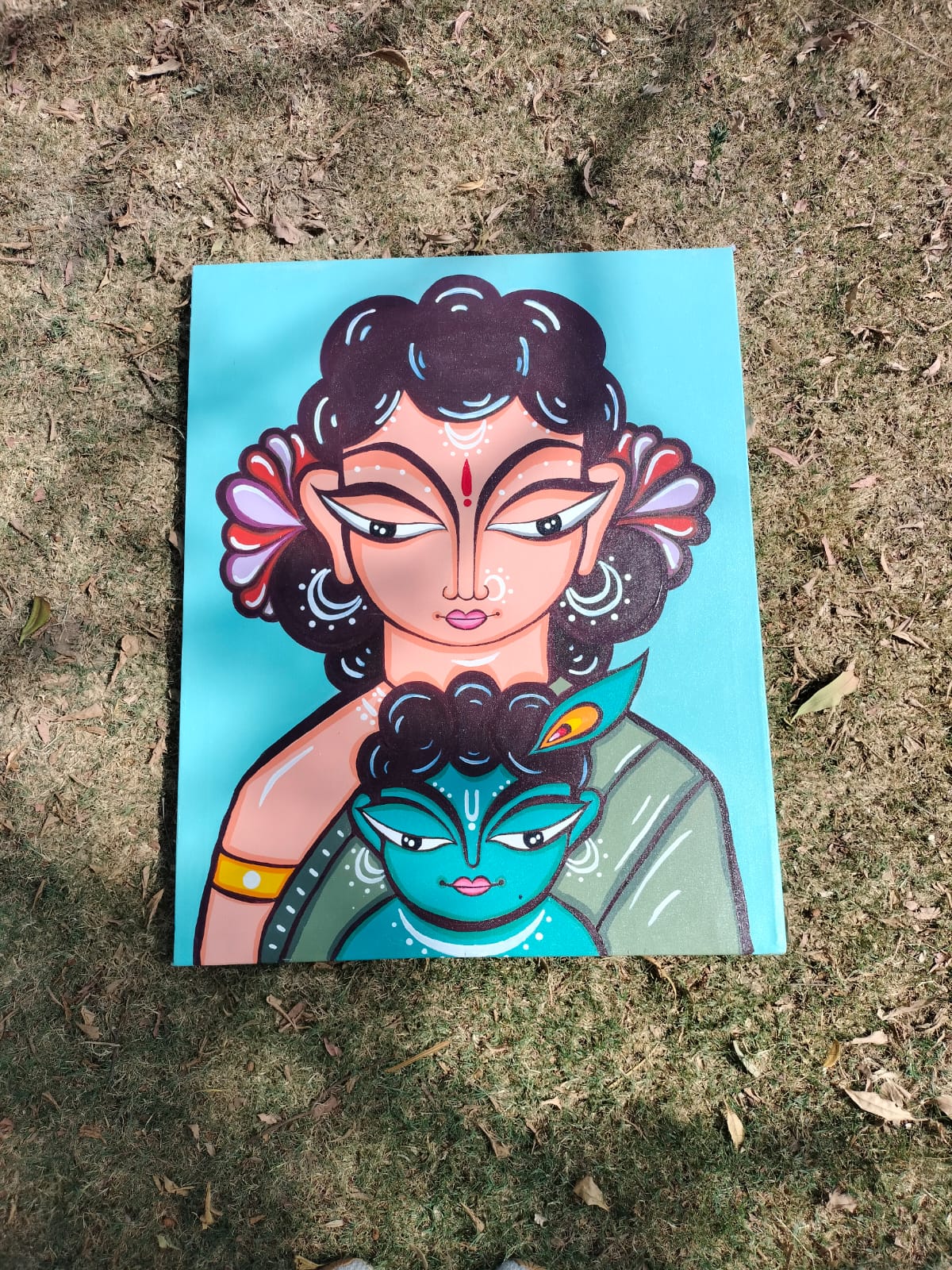 Hand made Yashoda ji & baby krishna canvas painting 