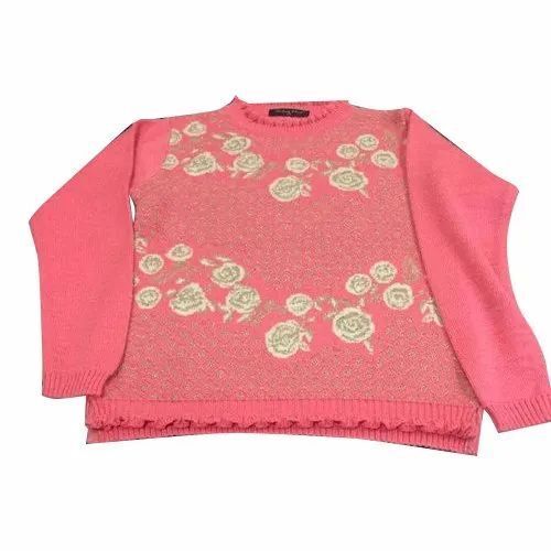 Ladies Woolen Top - Embroidered Detail, Regular Fit, Vibrant Pink, Light to Medium Insulation, Waist-Length Design