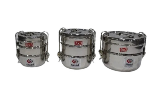 Steel Tiffin Box - Stainless Steel, Round, Silver | Long Lasting, Durable, Good Quality by Sheetal