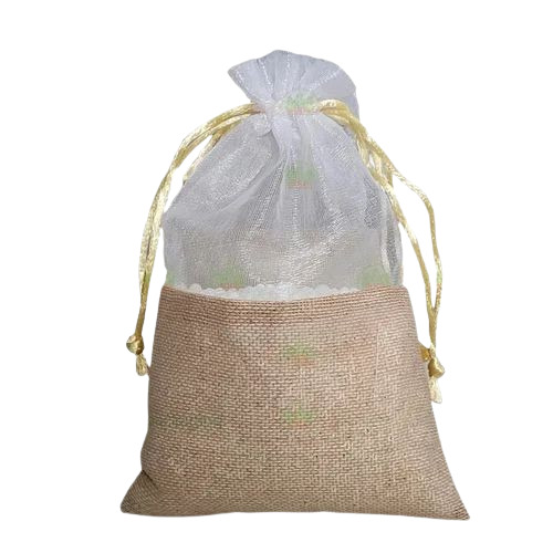 Jute Organza Potli Bag - Rectangular Shape 150gm Capacity Multicolor With Drawstring Closure | Good Condition Plain Pattern