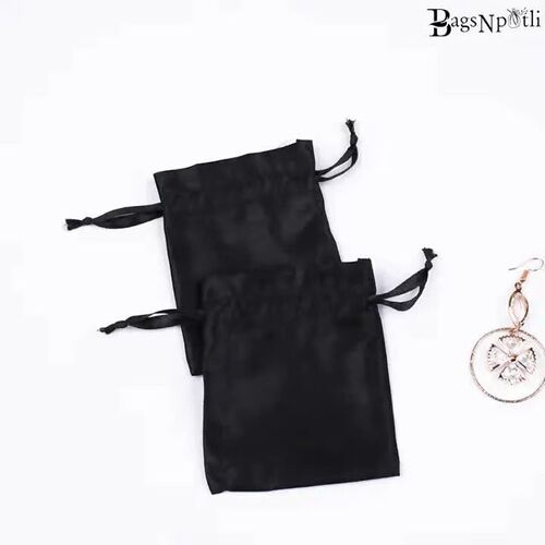 Black Satin Drawstring Bag - Satin Material, 12x15 inches, Black Color | Drawstring Closure, Ideal for Gifting with Plain Pattern