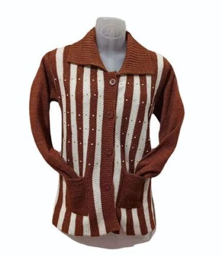 Woolen Cardigan - Lightweight Warmth, Brown and White Embroidered Design, Comfortable Fit with Button Closure or Zipper | Stylish Long Sleeve Winter Layering Piece for Ladies