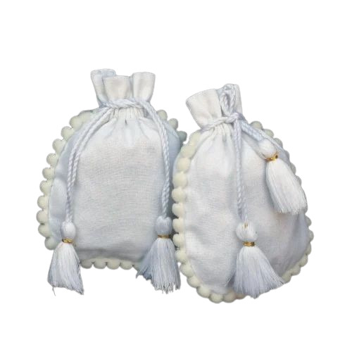 Cotton Tassels Drawstring Bags - Cotton Fabric, 3x4 Inch, White | Handmade with Plain Pattern, Ideal for Gifting