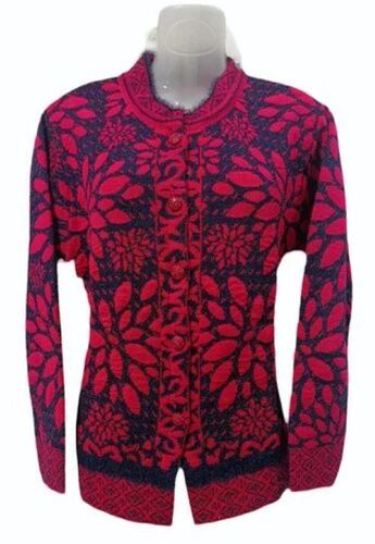 Floral Ladies Woolen Cardigan - Soft Wool Fabric, Red Color | Cozy, Stylish Design, Long Sleeves, Warm Layering Piece