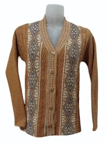 Ladies V Neck Woolen Cardigan - Wool Fabric, Brown and White Embroidered Pattern | Lightweight, Soft, Versatile Layering Piece for Casual or Formal Wear