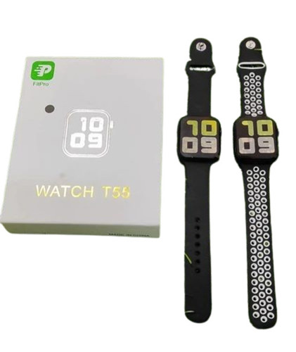 T-55 Smart Watch - LED Display, Rectangular Shape, Unisex Design, Black Color, Black Band | Compatible with Android OS, New Condition