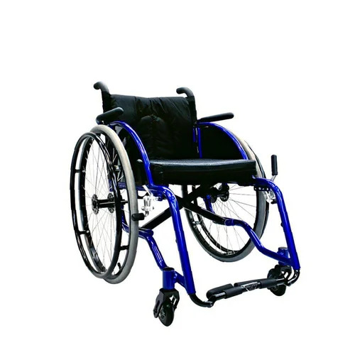 Lightweight Folding Wheelchair - Aluminum Frame, Blue Color | Fixed Armrests, Fixed Footrests, 100 Kg Load Capacity, Manual Brake