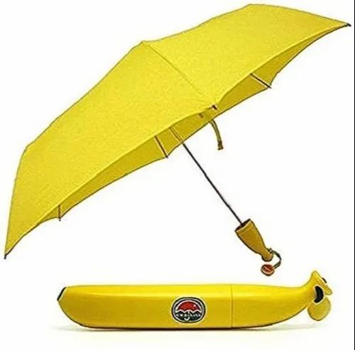 Banana Shape Umbrella - Polyester Material, 2 Fold Design, Yellow Color | Manual Operation, Plastic Handle, Suitable for Rainy & Sunny Seasons