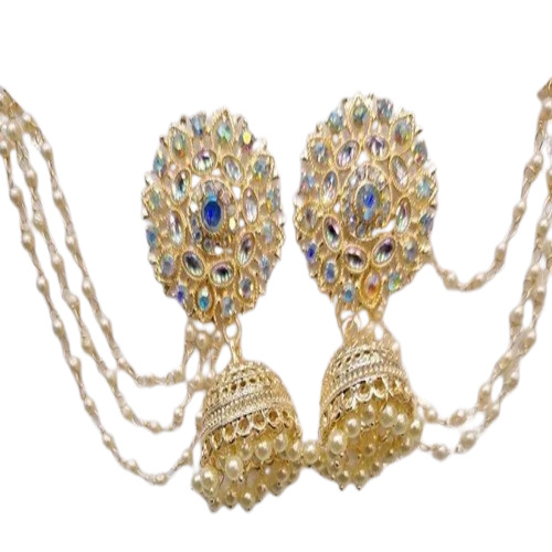 Jhumka Earrings - Alloy Metal Polished Golden Finish | Elegant Pearl Stone Design for Party and Wedding Occasions