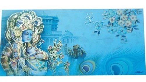 Blue Wedding Cards - Paper, 18x6cm Rectangular Pull-Out Insert, Krishna Leaflet Theme | Wedding Anniversary Card, Customized Size, Folded Style