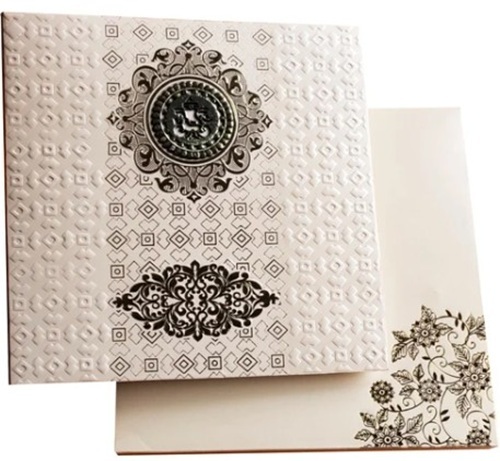 Square Wedding Paper Cards - Paper Material, 12x12cm Size, Cream and Black Color with Ganesha and Floral Theme | Customized Wedding Anniversary Card with Pull-Out Insert