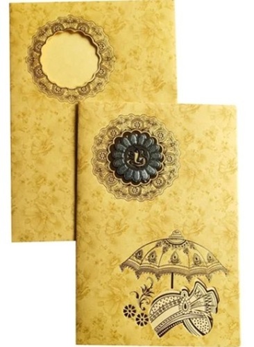 Yellow Paper Wedding Cards - 18x8cm Rectangular Pull-Out Insert | Ganesha Theme Customized for Wedding Anniversary Folded Style