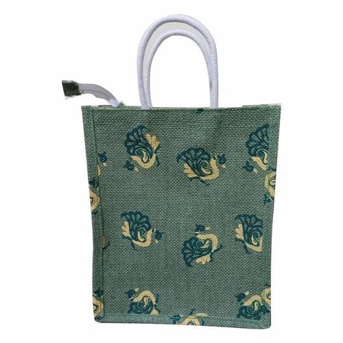 Printed Jute Shopping Bag - 12x10x5 Inch Green Color Long Lasting Durability Attractive Printed Design Washable Flexiloop Handle