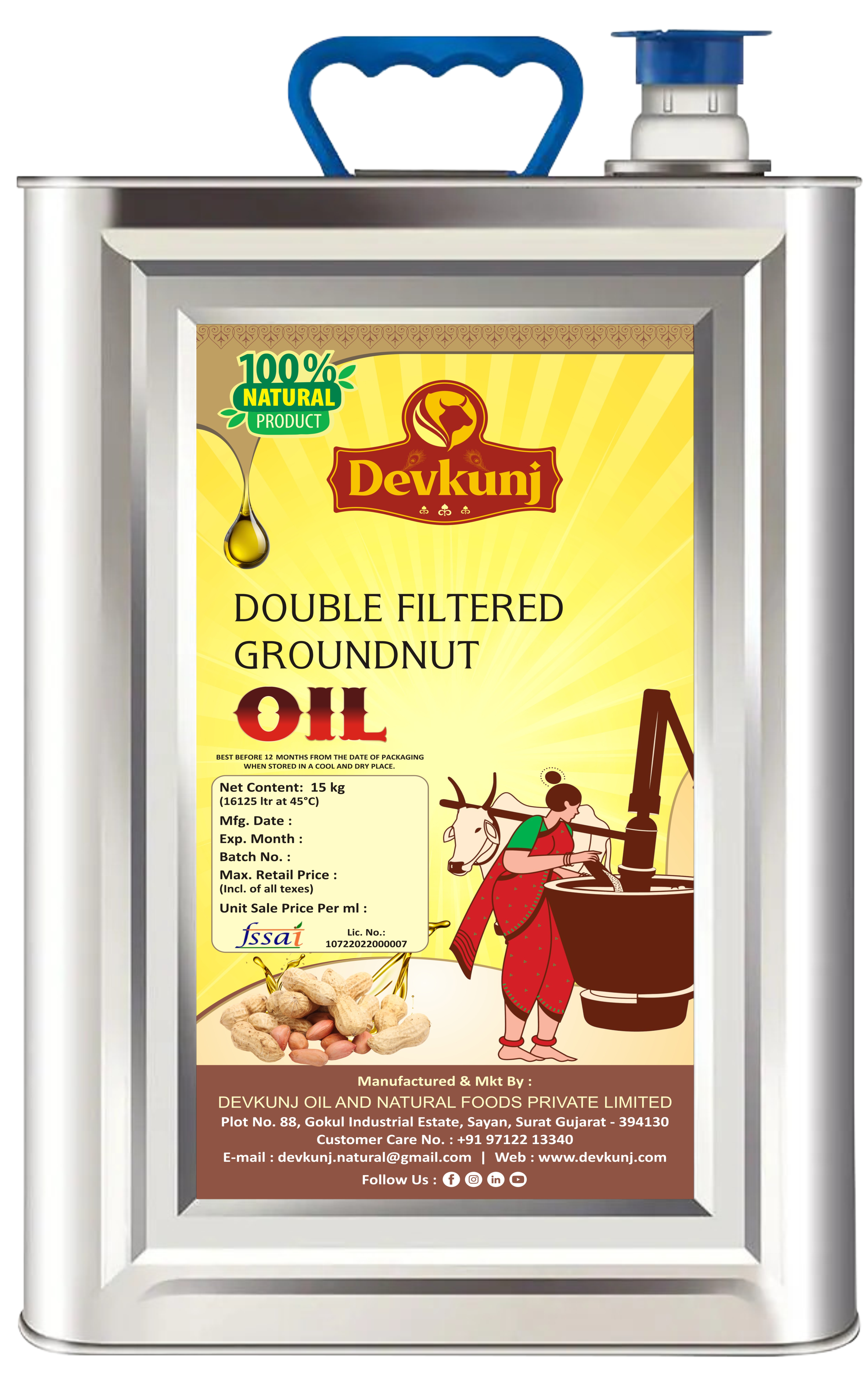 Devkunj 100 Natural Double Filtered Groundnut Oil (15 Kg Tin)