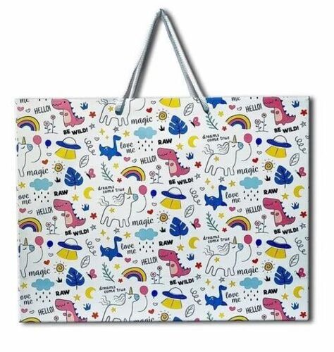 Printed Kraft Paper Shopping Bags - 16x12 Inch, White Base Color, Biodegradable & Moisture-Proof, 2kg Capacity, Cotton Strap, Loop Handle