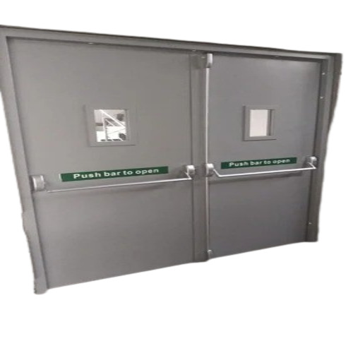 Semi Glazed Fire Door - Premium Quality Wood Finished Grey Surface | Center Lock Handle Galvanized Steel Frame Suitable for Commercial Industrial and Residential Applications