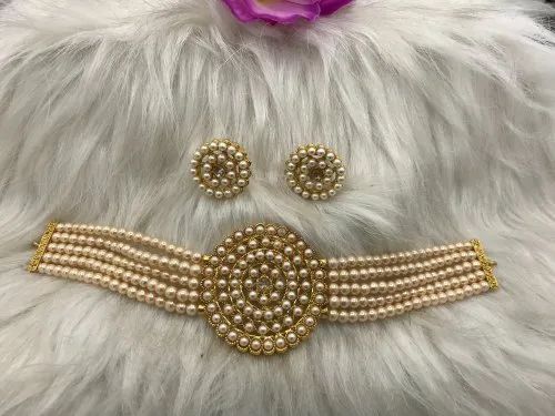 Neck Fit Choker and Earring Set - Lightweight White and Gold Attractive Design | Enhance Beauty Perfect for Gifting and Special Occasions