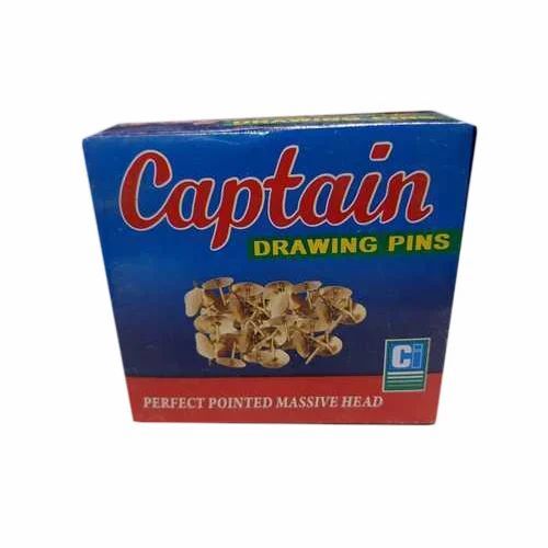 Captain Drawing Pins - Mild Steel, Round Box, Yellow Color | Extra Strong, Pack of 100