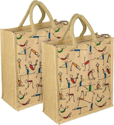 Jute Shopping Bag - Printed Design, Brown Color, Modern Style with Durable Handle