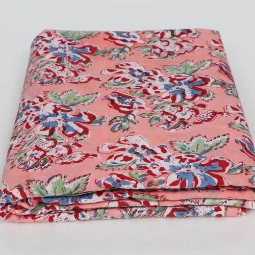 Pink Floral Hand Block Printed Cotton Fabric - 100% Cotton, Multi-Color | Washable, Shrink Resistant, Ideal for Textile Industry