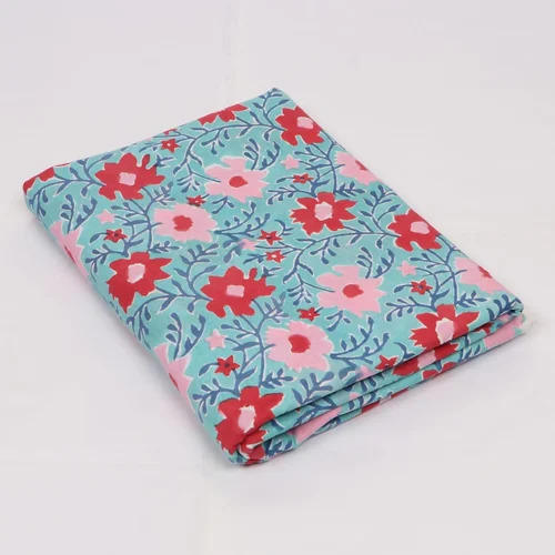 Sky Blue Hand Block Printed Cotton Fabric - 100% Cotton, Washable, Shrink Resistant | Multi-Color Design for Textile Industry Applications