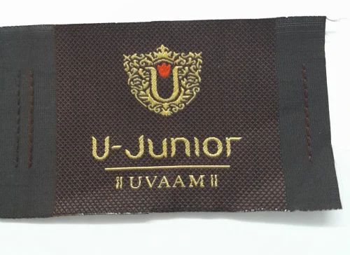 Computerized Woven Labels - Woven Material, Rectangular Shape, Black Color | Designed for Garments, Printed Design, Packet Packaging