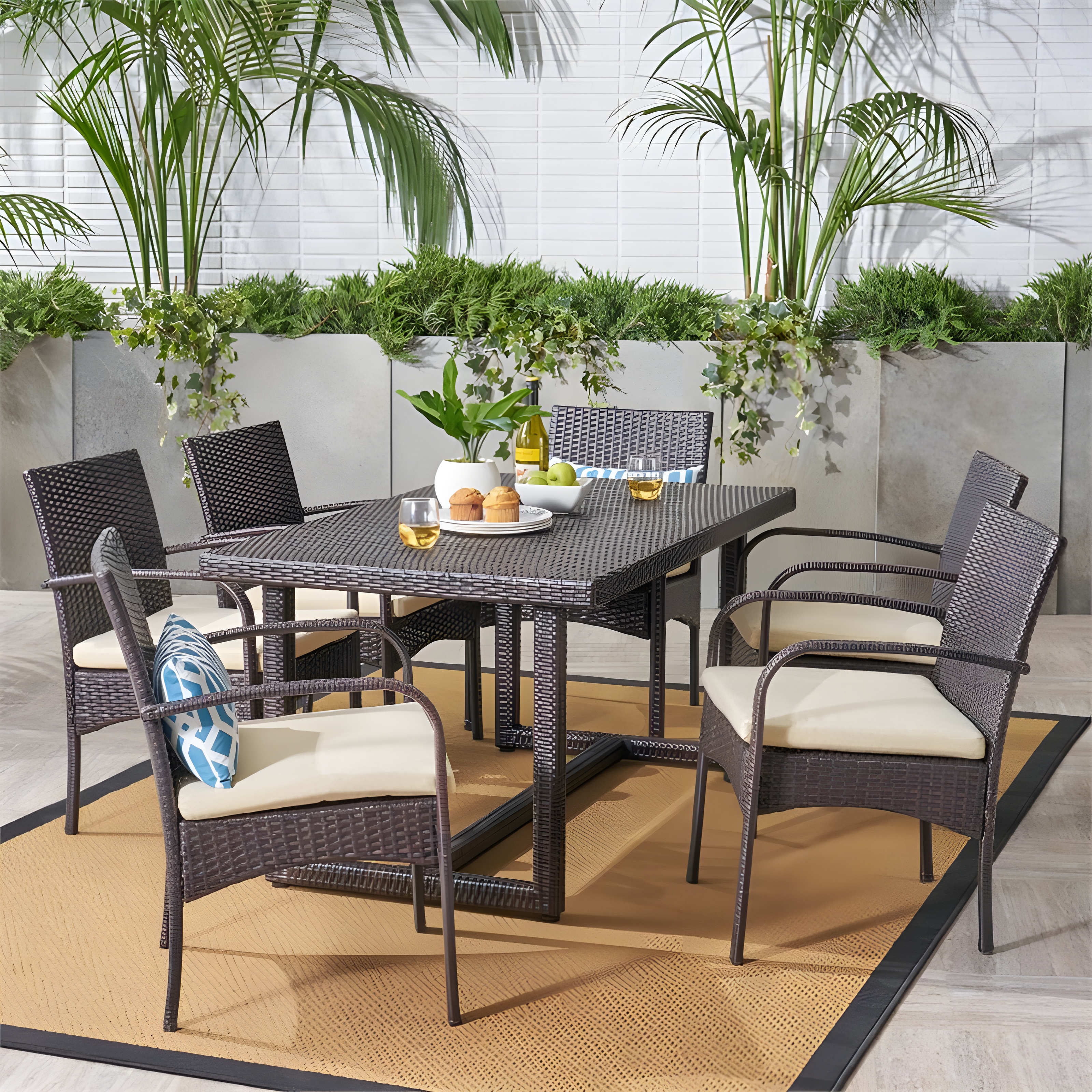 Patio Outdoor Dining Table Set 6 Seater, 7 Piece Rattan Wicker Cane Dining Table Chairs Set for Garden
