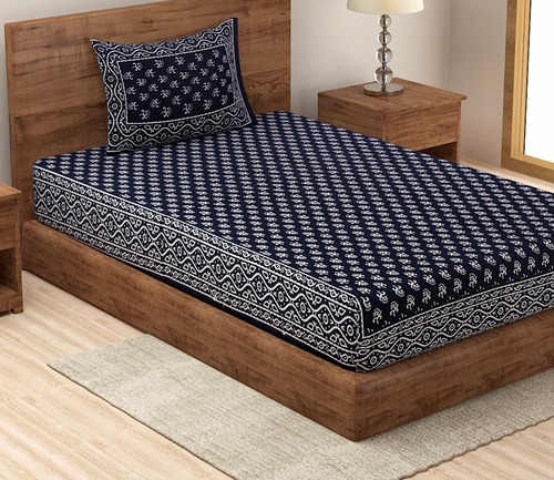 Cotton Single Bedsheet - Cotton, Single Size, Blue Color | Quick Dry, Shrink Resistant, Washable, Printed Pattern, Knitted Technics