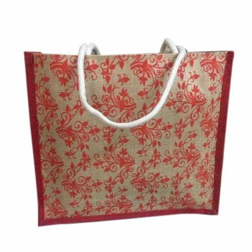 Fancy Printed Jute Bag - Light Weight, Zipper Top, Red & Brown Color | Long Lasting, Washable, Customizable Design