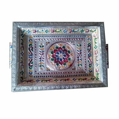 Meenakari Silver Tray - Polish Finish, Rectangular Shape, Available in 8, 10, 12 Inch Sizes | Daily Wear Application, Customizable Size