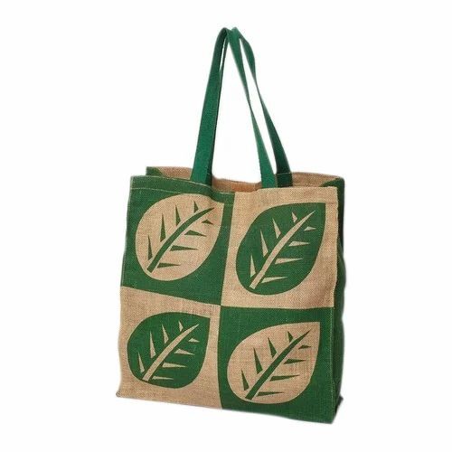 Printed Jute Bag - Customized Size, Brown & Green Color | Lightweight, Washable, Long Lasting, Zipper Top Closure