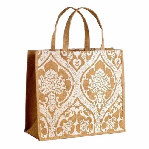 Printed Jute Lunch Bag - Light Weight, Yellow & Brown Color | Customizable Design, Long Lasting, Zipper Top Sealing