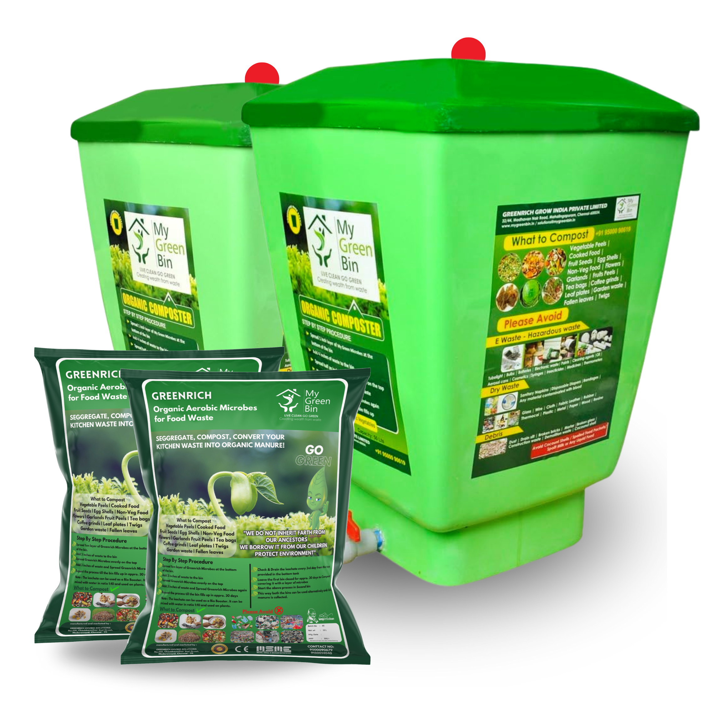 Bio Compost Bin 120 Ltrs (1 Set With 10 Ltr Microbes) - Color: Green